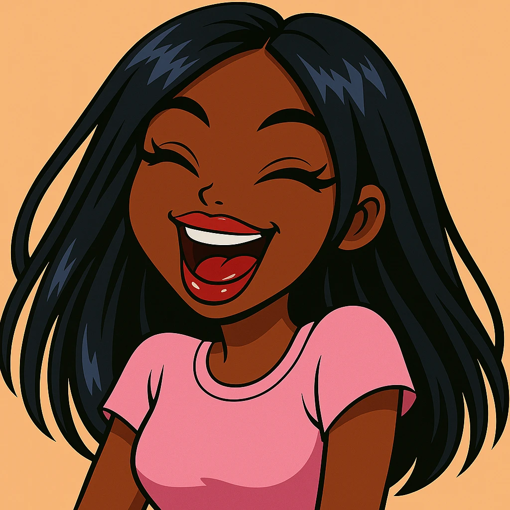 Headshot of a 20-year-old anime Bratz style woman with dark skin, straight hair, laughing uncontrollably, big expressive eyes, glossy lips, bold colorful fashion-forward look, no hat, no tears. emoji