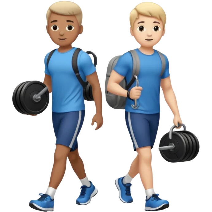 two boys walking, wearing gym clothes and carrying gym equipment, full body emoji
