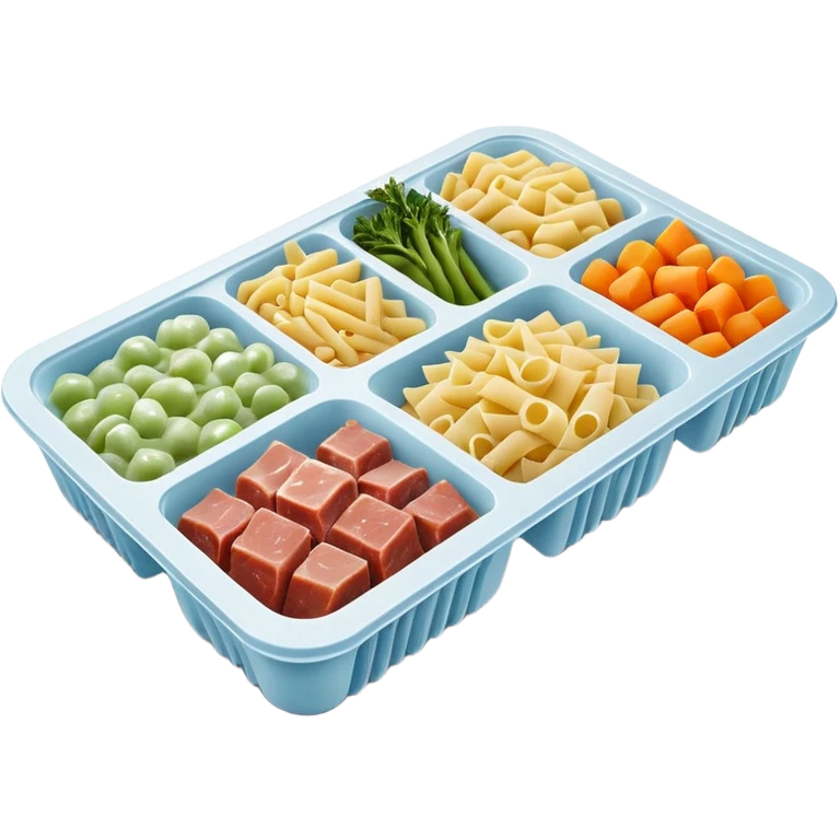 rectangular frozen food tray with 2-3 compartments, each with different frozen items pasta vegetables meat, frosty surfaces with visible ice crystals, muted colors, firm uncooked texture, dark simple tray, no branding, no utensils, no packaging, soft lighting, subtle shadows, emoji scale emoji