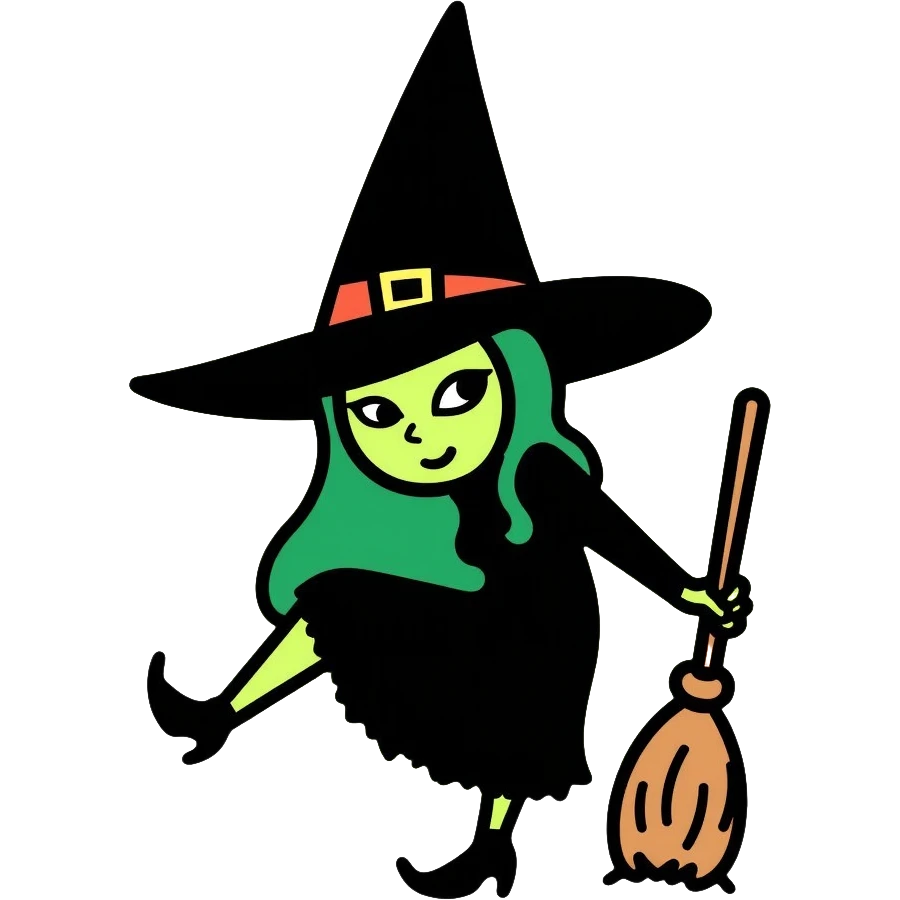 Elphaba from Wicked musical, green-skinned witch with pointy black hat and broom emoji