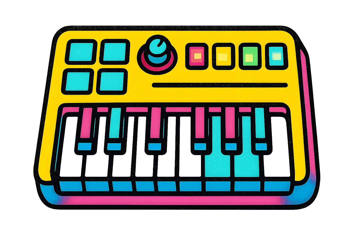 A MIDI keyboard in Pop Colors style, with a modern twist, sleek design, glowing buttons, and a mix of pastel and neon colors. emoji