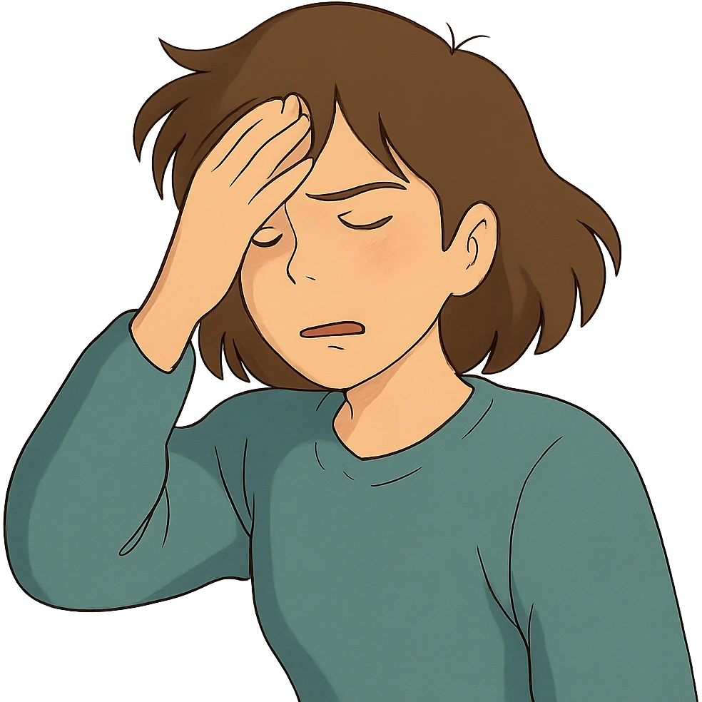 ghibli style character with a headache, subtle pain, hand on forehead emoji