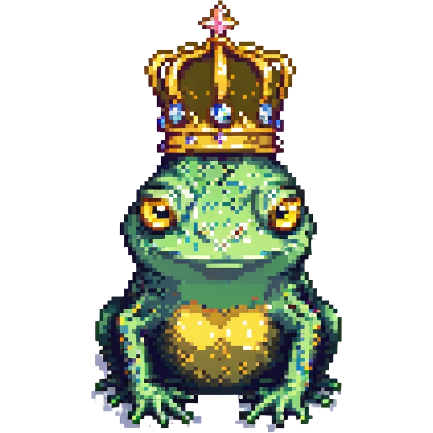 pixel art crowned frog, with a golden crown and big eyes emoji