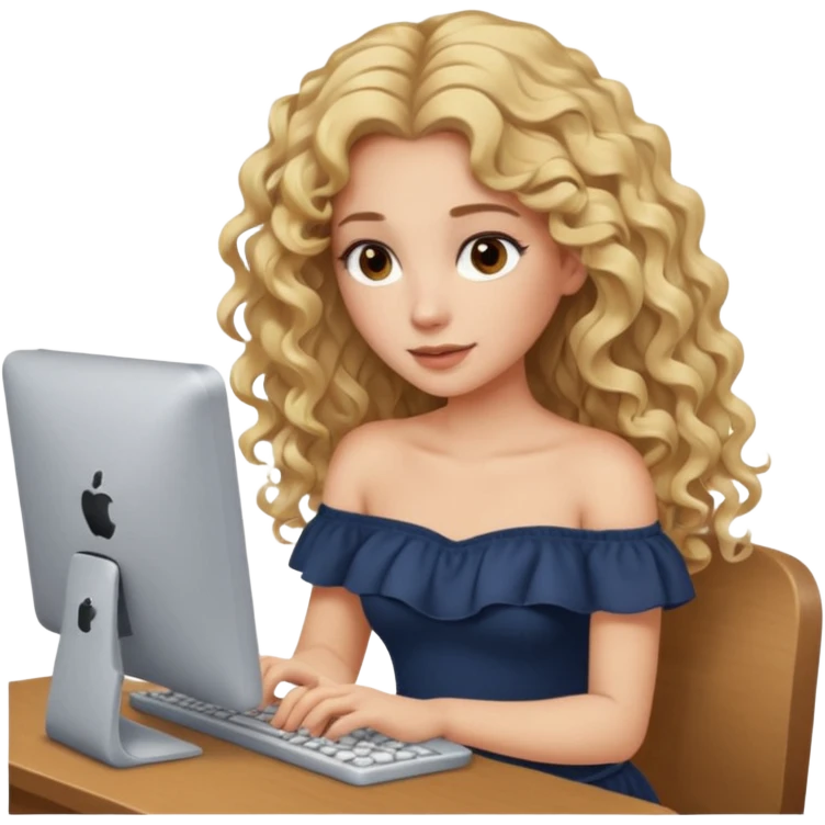 woman with long curly blond hair, brown eyes, wearing an off-shoulder top, on computer  emoji