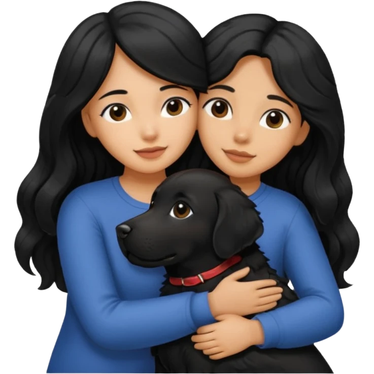 a girl with long, wavy black hair hugging a black Labrador with black fur a emoji