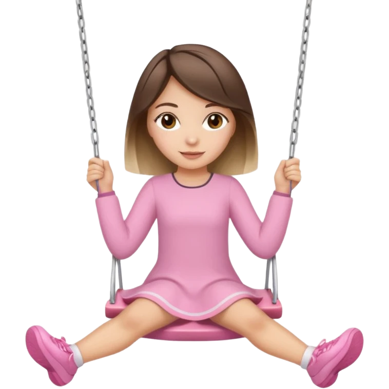 girl with medium length brunette hair with blonde highlights and brown eyes wearing light pink and is swinging emoji