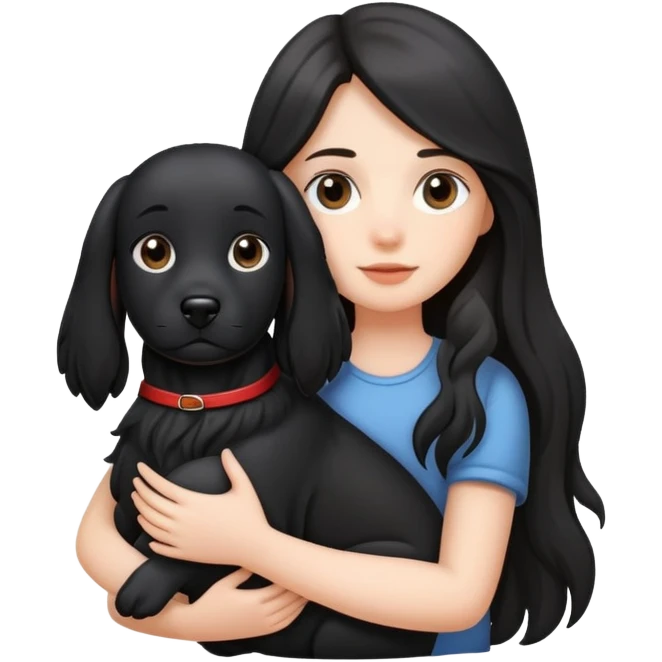 A long-haired girl holding a big black dog emoji