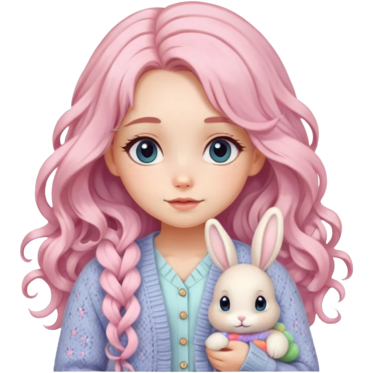  A girl with long curls, a pastel-colored hair clip, and a knitted cardigan with a bunny pattern, looking cute. emoji