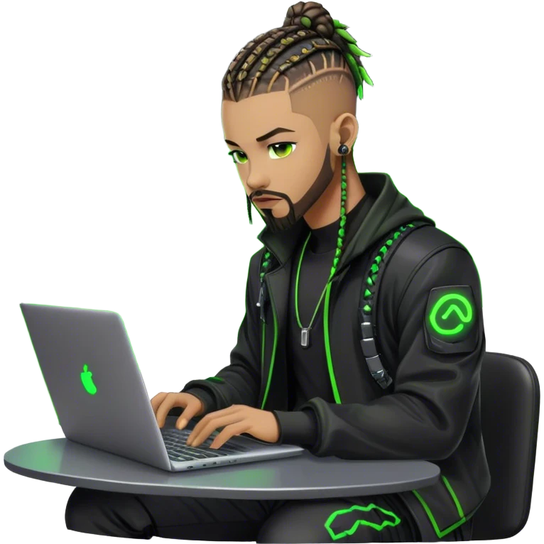 Light skinned African American male with green eyes as a cyberpunk hacker with cornrows hairstyle but short cornrows  with goatee facial hair  coding on laptop  emoji