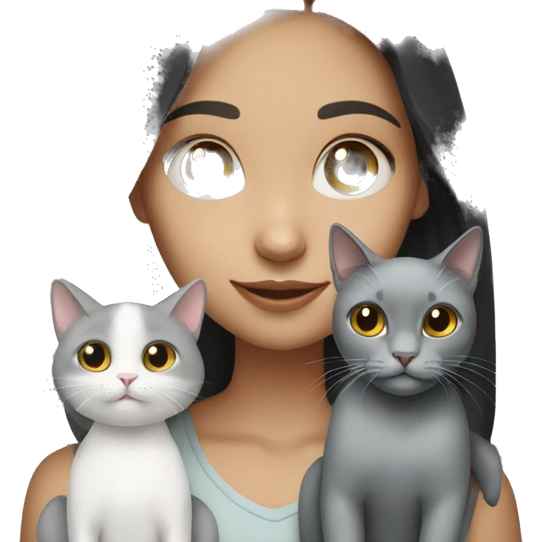 White skin girl with dark hair holding one gray cat & one white cat emoji