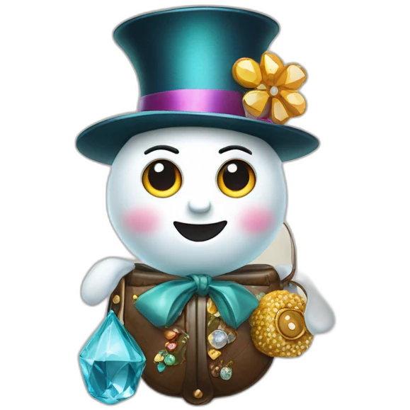 snow woman with designer top hat eyes and buttons are made of precious gems holding a purse in stick arms with a back pack on emoji