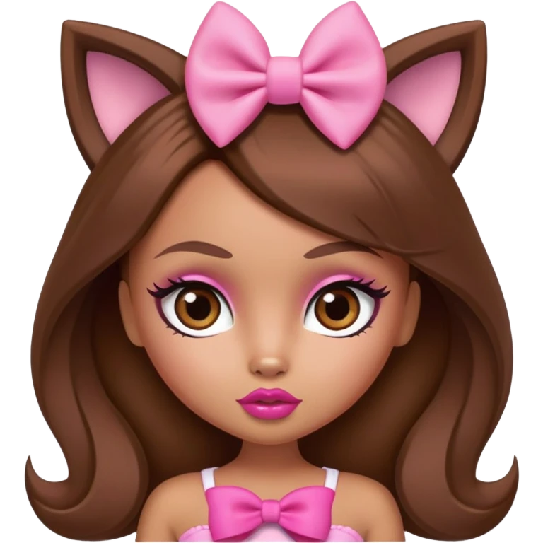 Bratz doll character with brown hair, pink bow, big lips, and foxy eyes emoji