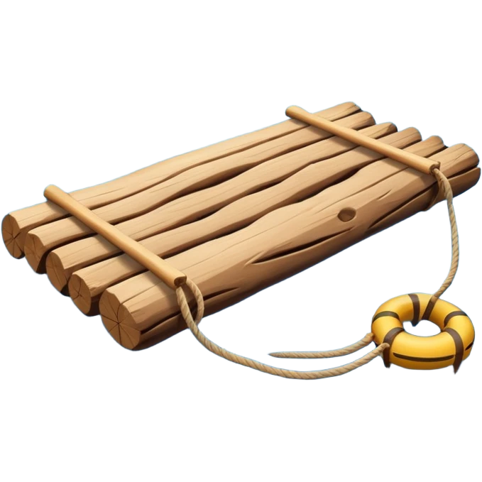 showing a simple wooden raft floating on calm blue water — made of several brown logs tied together with rope — gentle ripples around it — bright, cheerful lighting and soft shadows — minimalist, clean emoji design emoji