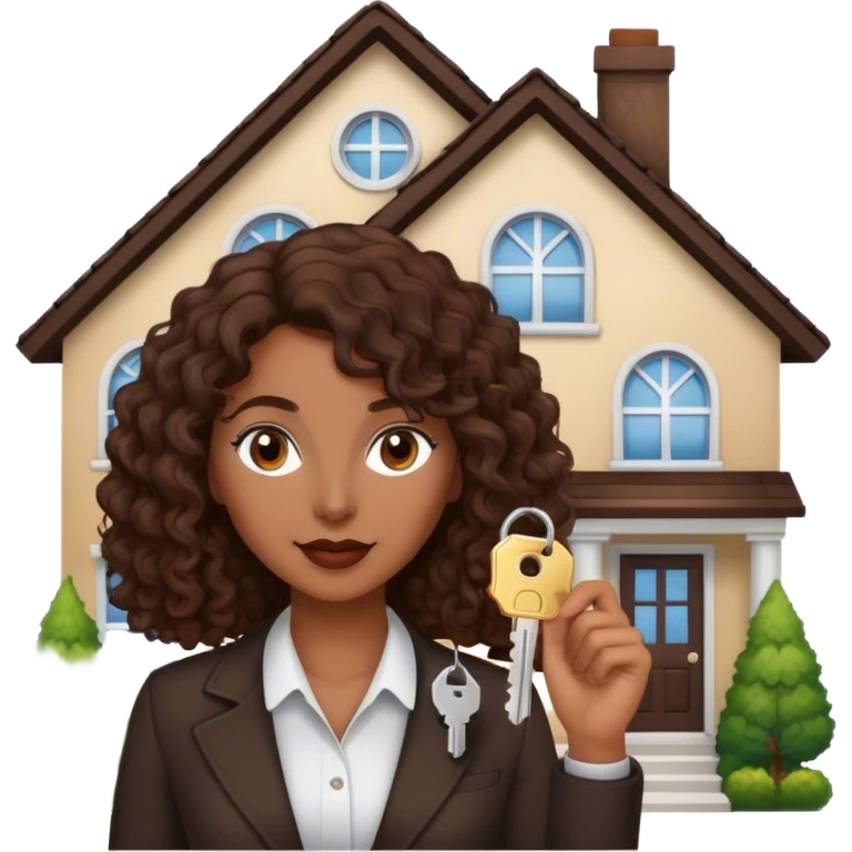 Dark brown lady with medium brown mid length curly hair in real estate job with house and keys emoji