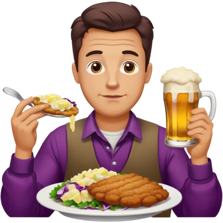 German man eating schnitzel, potato salad, red cabbage, sauerkraut, and beer emoji