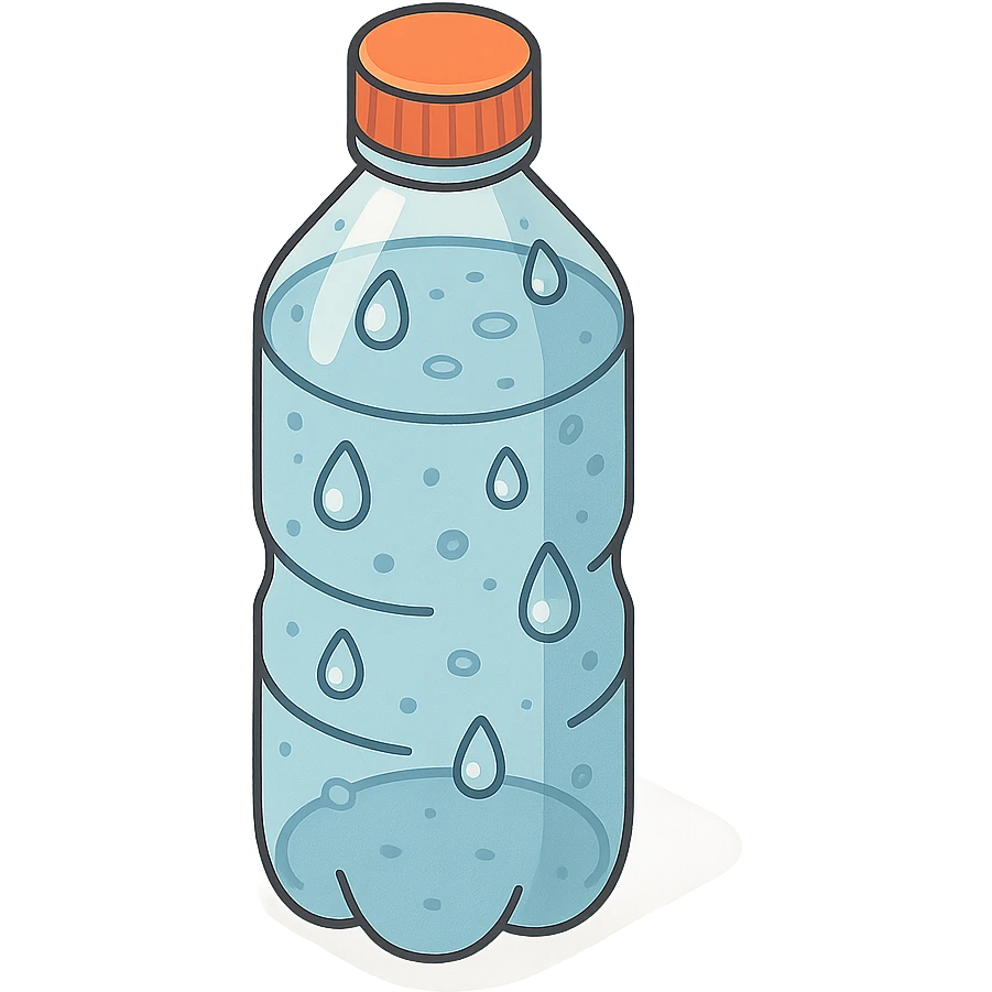 bottle of water with drops on surface, 2D isometric style, highly detailed drawing, shadows and highlights, clean contours, soft lighting, transparent background emoji
