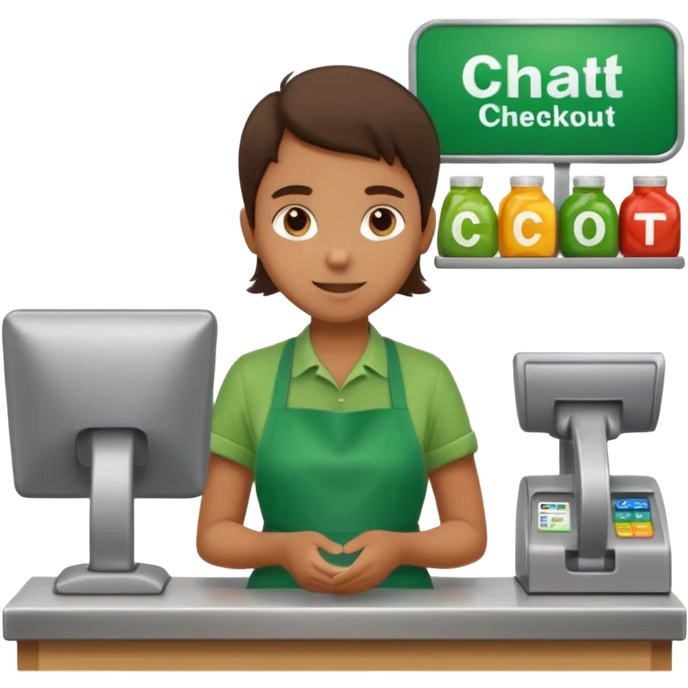 Eine Person wartet an einer Supermarktkasse. Die Kasse ist beschriftet als "Plauderkasse" und im grünen Design. emoji