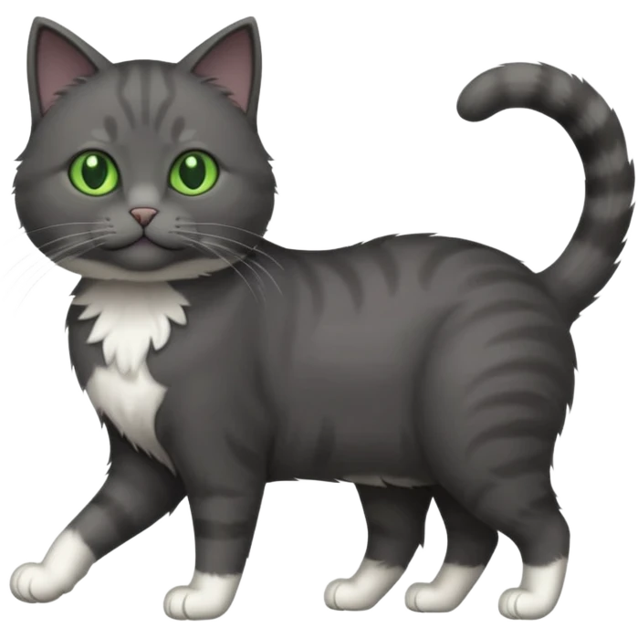 full body solid dark grey cat with green eyes, white paws and white whiskers walking emoji