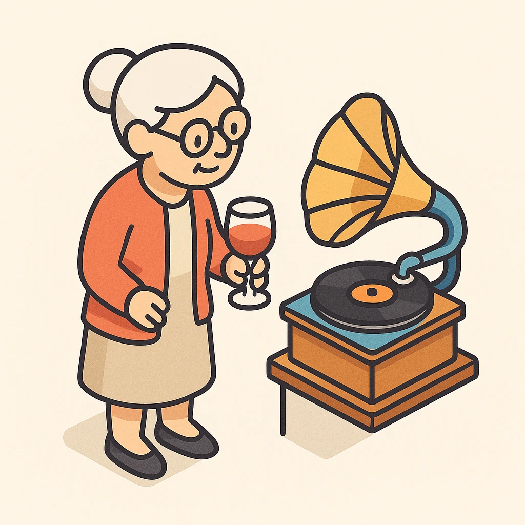 old lady with wineglass listening to gramophone emoji