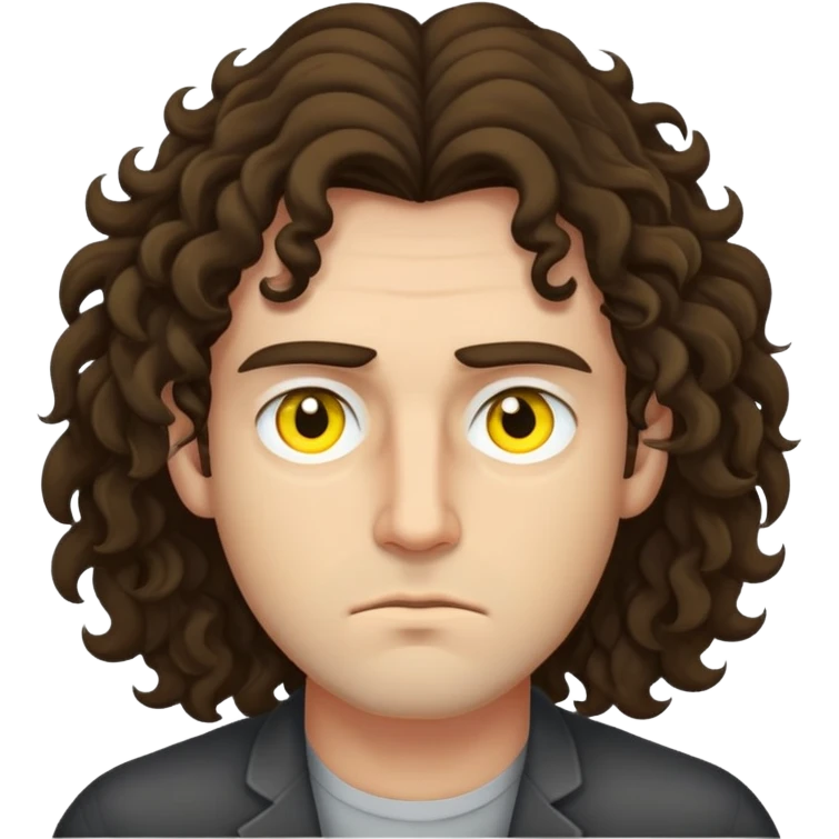 A man with sleppy eyes that are yellow with long to the neck curly brunnete hair who is a lil bit angry emoji