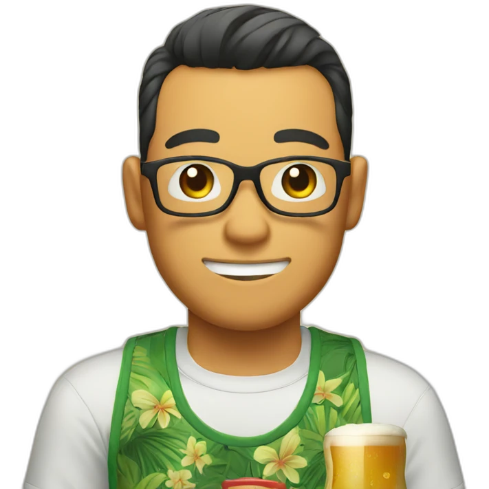 Japanese wearing glasses alohashirt is holding beer emoji
