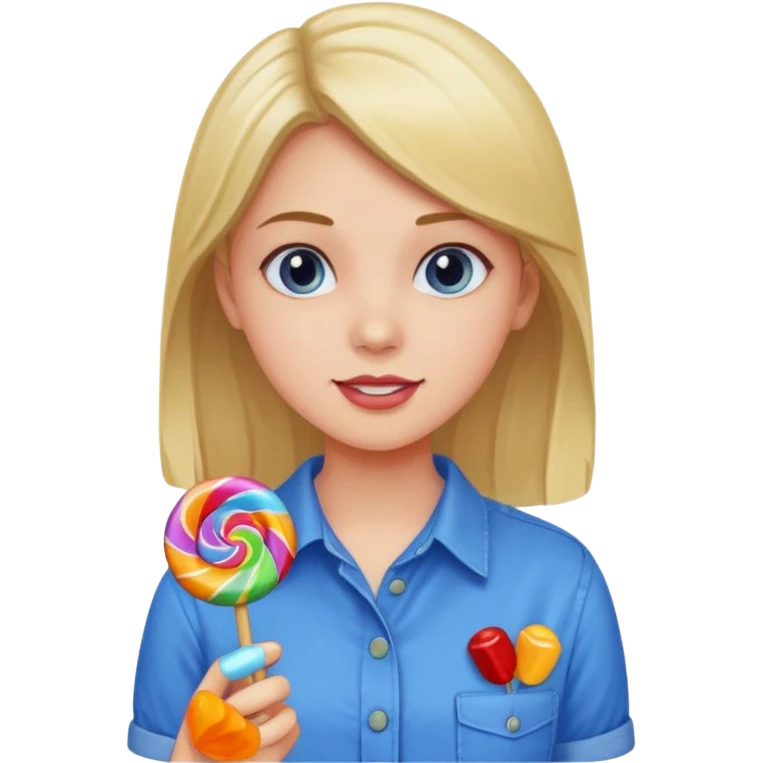 girl in a blue button-up shirt loving candy emoji