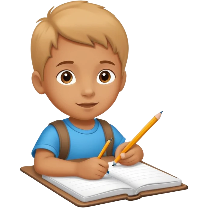 child writing in a notebook with a pencil, cheerful and focused emoji