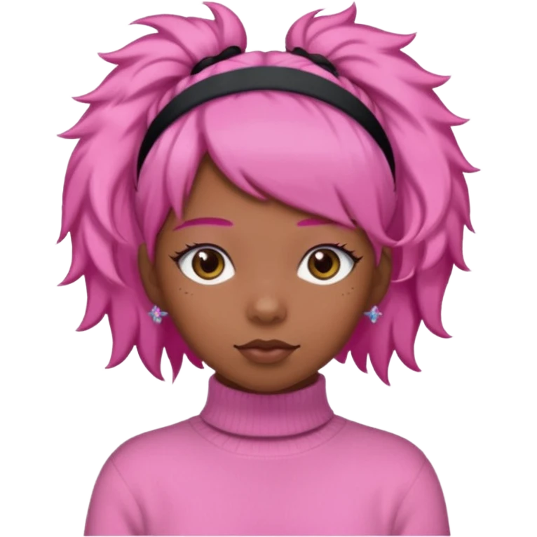 black fluffy haired girl with pink turtleneck sweater and pink hair band emoji