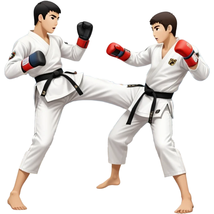 Two taekwondo fighters in traditional white doboks with black belts. One delivers a powerful kick, while the other defends by blocking with his knee. The background shows a professional arena with bright lights and an excited crowd. Transparent background highlights the intense action emoji