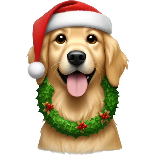 Golden retriever wearing a Christmas wreath around neck and Santa hat emoji