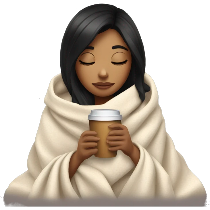 girl inside a blanket sipping coffee eyes closed black hair emoji