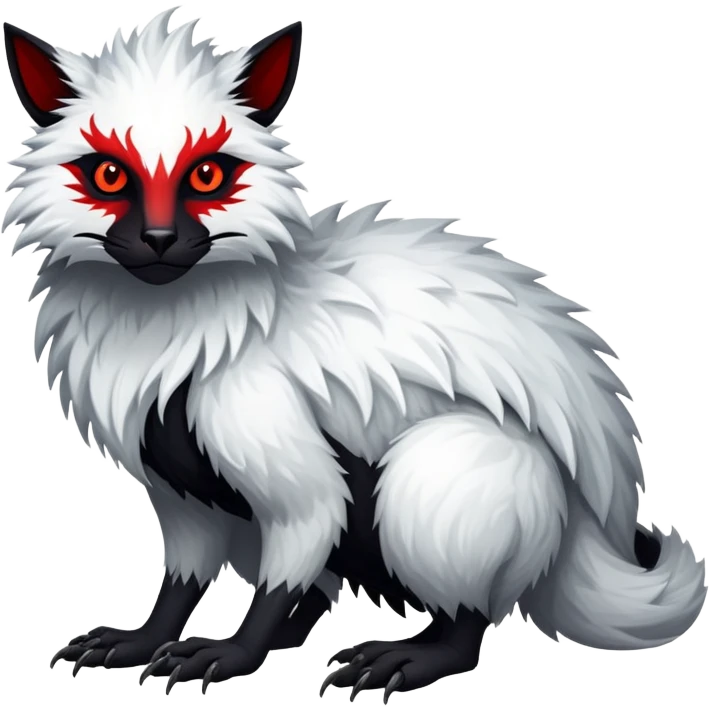 a white exotic edgy vernid-fionbri-creature, with black belly and red eyes, full body emoji