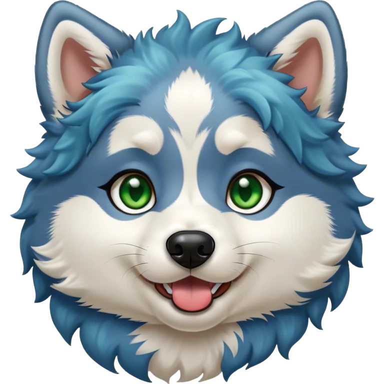 Cute Husky puppy, blue curly hair, green/brown eyes, licking emoji