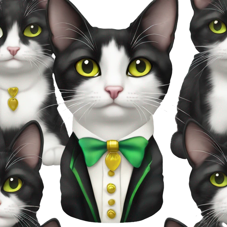 Cute black and white harlequin patterned tuxedo cat with yellow green eyes emoji