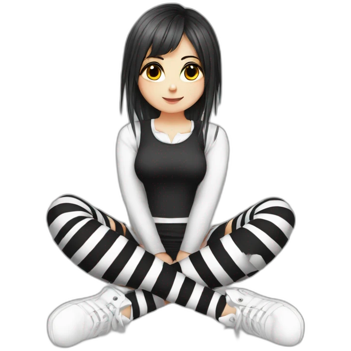Frontal view curvy emo girl sits white skirt striped stockings hands up emoji