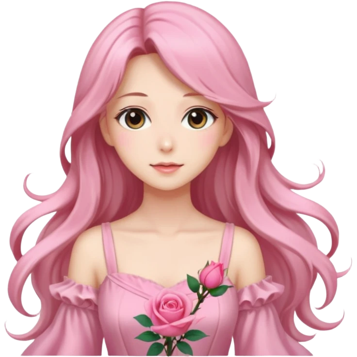 Gorgeous pastel anime lady with long hair and pink rose dress emoji