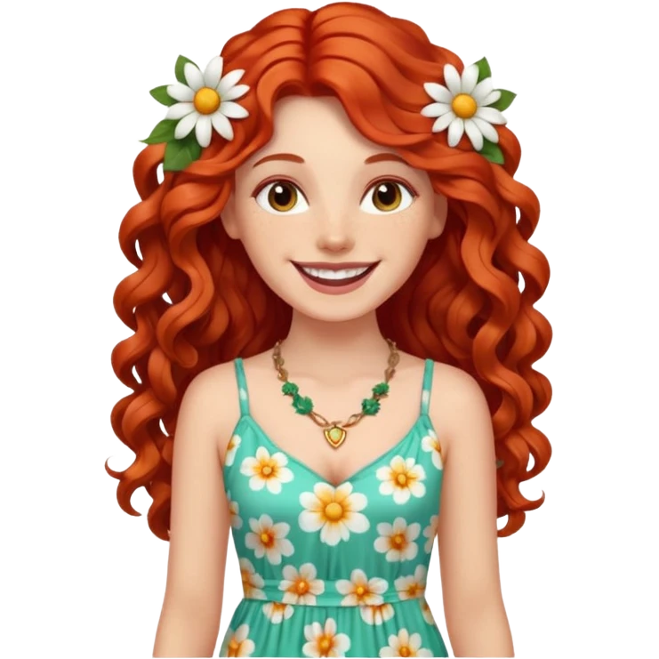 white girl, long curly red hair, maxi dress, flower necklace, big bright smile emoji
