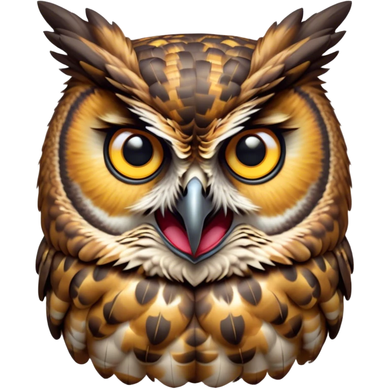 Cinematic Comical Great Horned Owl Portrait Emoji, Head tilted dramatically with an exaggeratedly amused expression, featuring a strikingly patterned mottled plumage with bold contrasts, wide, expressive golden eyes filled with playful disbelief, Simplified yet hilariously expressive features, highly detailed, glowing with a slightly sassy glow, high shine, dramatic yet playful, stylized with an air of cheeky nocturnal mischief, bright and endearing, soft glowing outline, capturing the essence of a spirited and over-the-top owl, so meme-worthy it feels like it could hoot its way into internet fame instantly! emoji