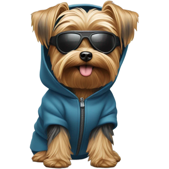 Yorkie wearing a hoodie and ski goggles emoji