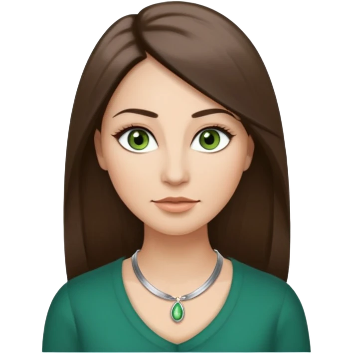 40 year old Adult woman avatar, light skin tone, oval face, long straight ashy brown hair, green almond-shaped eyes with dramatic eyelashes and minimal eyeliner, neutral mouth, medium straight eyebrows, small nose, smooth skin emoji