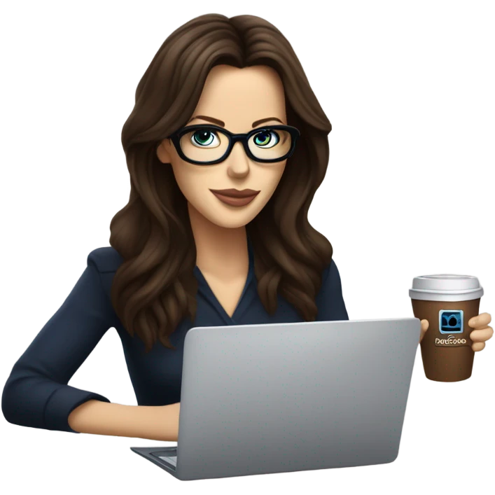 Hyper Realistic Kate Beckinsale dark blue eyes wearing glasses drinking coffee at a laptop  emoji