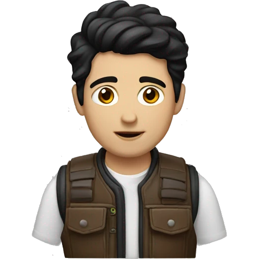 story maker, white boy, Black hair, brown eyes, wearing a photo vest emoji