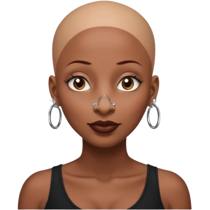 Grown black (proud) woman, bald with a perfect head, a prominent nose with a septum piercing, many piercings on her ears, a gap between her front teeth and very long nails emoji