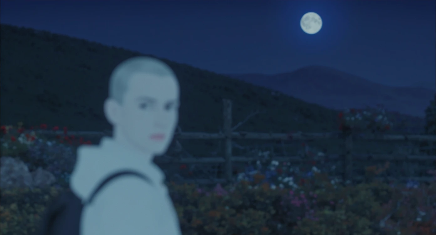 A portrait of a white person in the foreground, blurred plants in the foreground, a wooden fence and colorfull flowers in the midground, rolling hills in the background, cinematic depth of field, layered composition, moon back light (Blue night) emoji