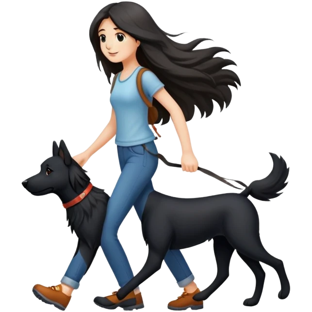 A long-haired girl walking a black dog emoji