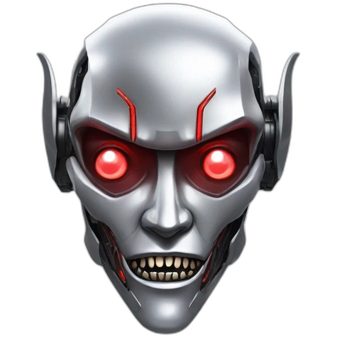Cyber futuristic silver vampire robot face  red eyes, long ears and vampire fangs emoji