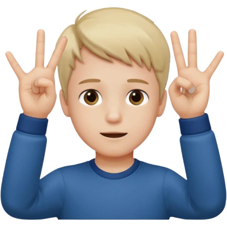 A boy with both hands facing up saying 67 emoji