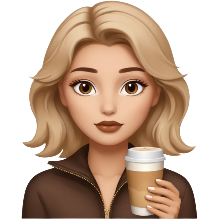 “A cozy, warm-toned emoji girl with soft bronzy eyeshadow, fluffy brows, caramel shimmer, glossy nude lips, light contour, and tousled hair — latte-inspired look.” like belle hadid emoji