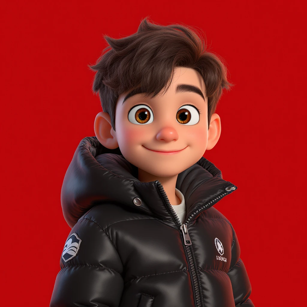 3d disney pixar character, young 18yo boy with dark brown hair, and a shiny black puffer balenciaga design jacket, brave smiling. The background is a solid red color emoji