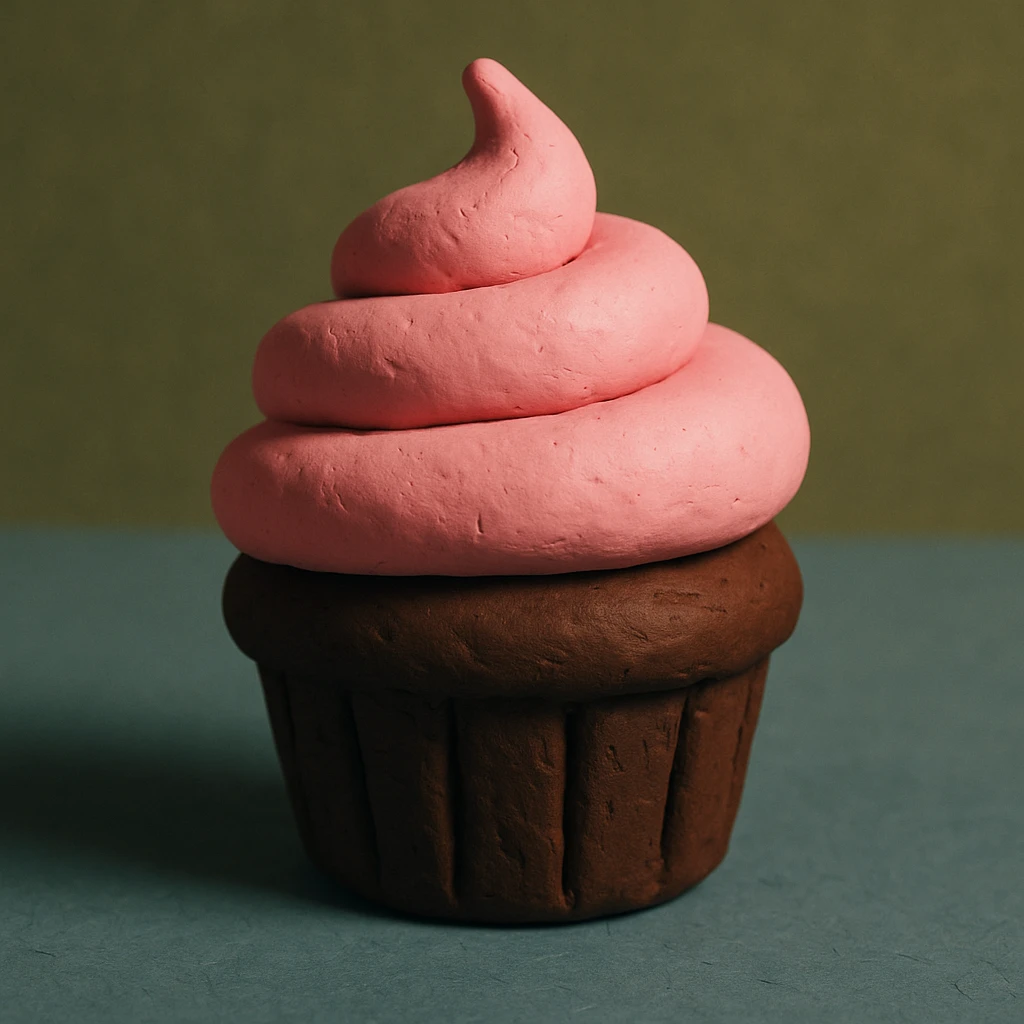 Make the cupcake chocolate with pink icing, 3D claymation style. emoji